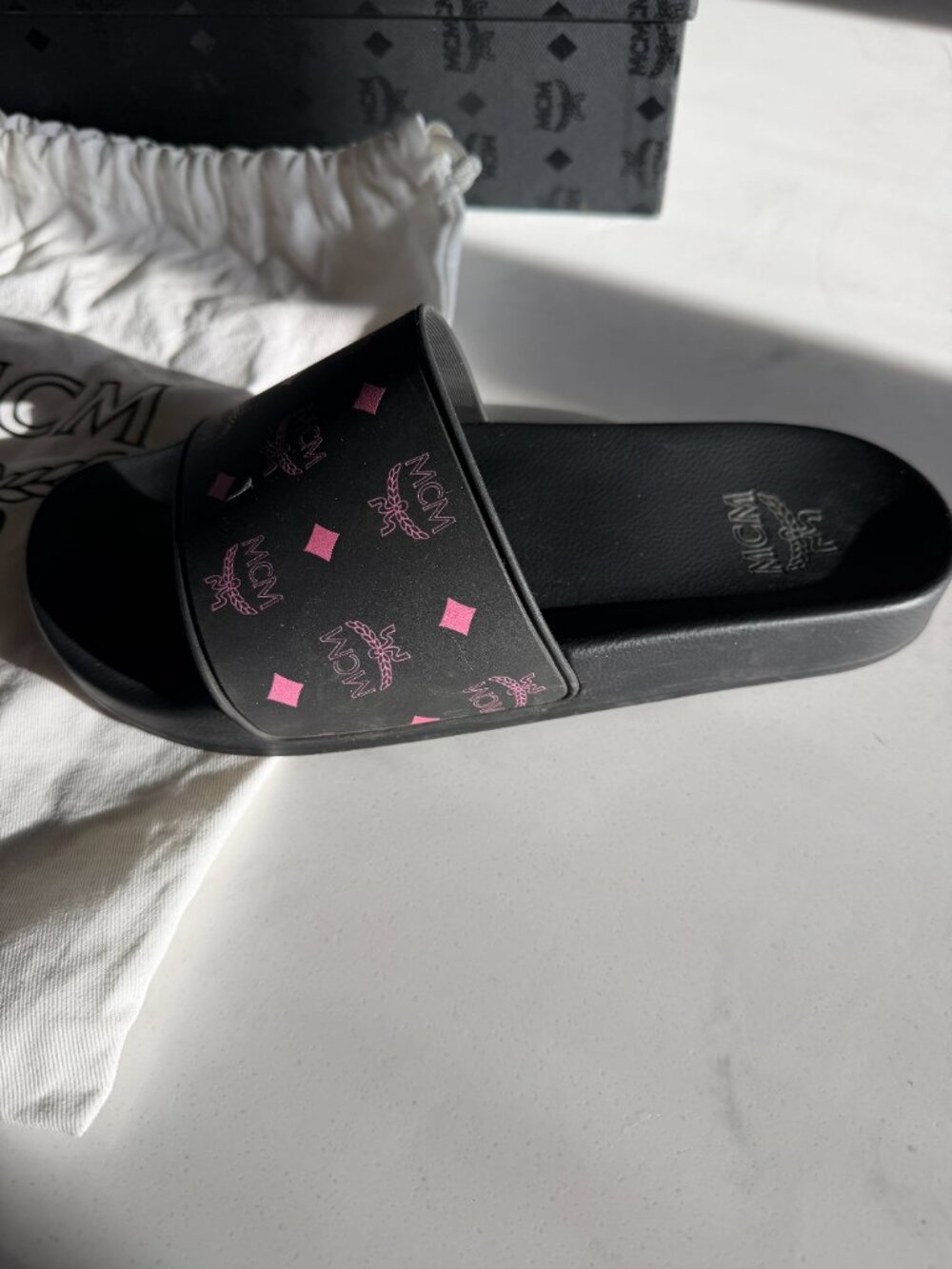 MCM Black Pink Monogram Print Rubber Slides Sandals Great Used Condition w/ Box - Picture 10 of 12